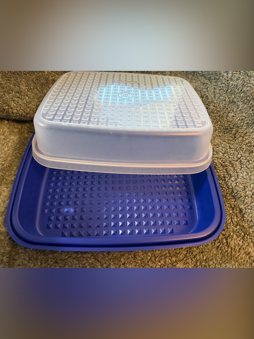 NEW OLD STOCK Tupperware Blue Base with Frosted Snap-On. Marinade/Grid Texture